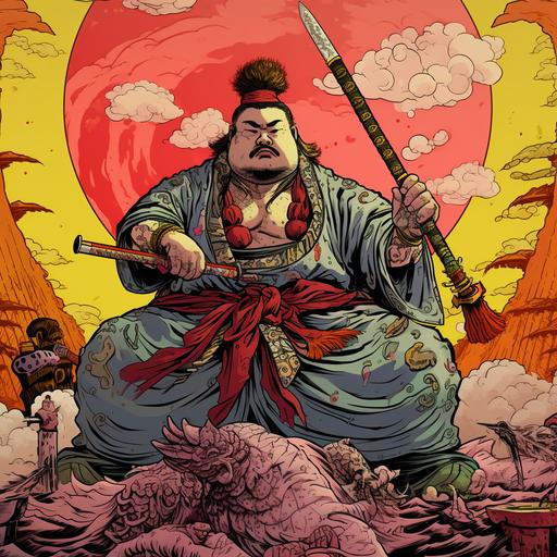Comic style fat samurai with a chicken drumstick as a weapon ooey gooey background trippy LSD