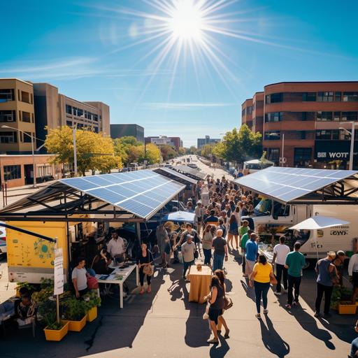 Community Solar Fair: A Perspective Shift Amidst an empty (At the moment) backdrop, a radiant sun shines directly above a bustling Mobile Pop-up Farmer's Market. At the core, a Black Woman, perfectly aligned with the sun, tends to the EV Food Cart, symbolizing the community's renewable energy transition. This market is complemented by the adjacent Mobile Solar Carport. To each side, two diverse food trucks anchor the scene, drawing visitors with enticing offerings. Symmetrically placed inflatable canopies shelter innovative vendors: 'Key Tech Labs' on the left and 'The What's for Dinner app' on the right. These booths embody community collaboration. Using a One Point Perspective approach, the entire scene draws the viewer's attention inwards, emphasizing the central Black Woman's role. Although the environment entices exploration, the design ensures the gaze always returns to this central theme. The background remains intentionally vacant, awaiting customization for different event locations, showcasing adaptability and inclusivity.