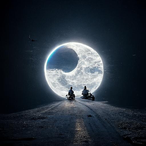 Company of guys laughing and pee on live electric scooter, which scared and trying to crawl away. White moon in the sky. Ray tracing , realistic photo, 4k