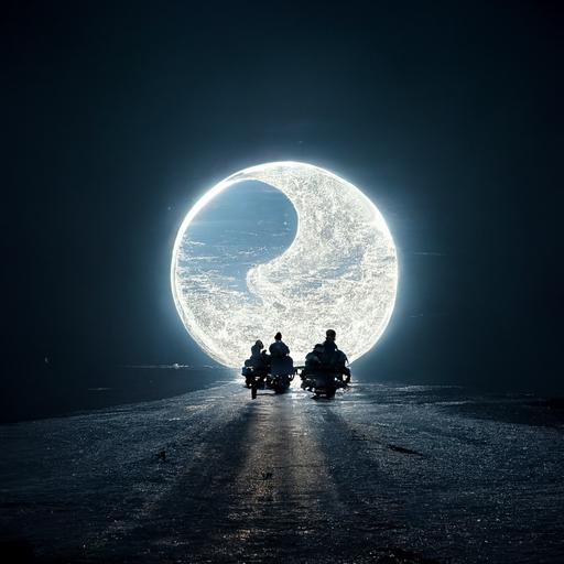 Company of guys laughing and pee on live electric scooter, which scared and trying to crawl away. White moon in the sky. Ray tracing , realistic photo, 4k