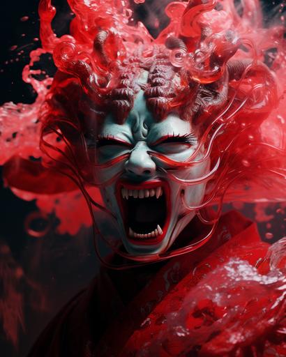 Composite photography, geisha humanoid hannya yokai screaming in anger, mouth like melted wax, red ink leaking from eyes, inside nightmare scape, freak punk, specular highlights, environmental lighting effects, unsharp mask, layers, split frequency retouching --ar 8:10