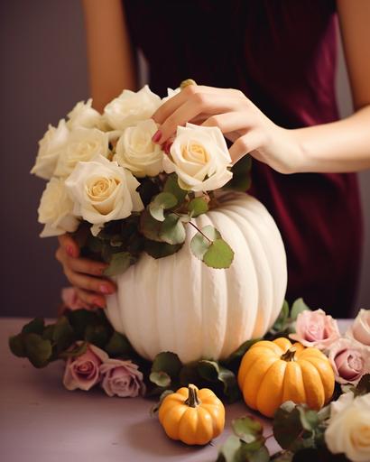 Composition with delicate hands of florist putting together a floral arrangement on a white pumpkin for the Thanksgiving festivities with just spray white pink and orange roses hyper realistic, high detailed, intricate details, photograph, realistic, 4k, --ar 4:5