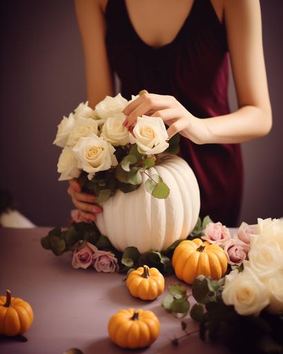 Composition with delicate hands of florist putting together a floral arrangement on a white pumpkin for the Thanksgiving festivities with just spray white pink and orange roses hyper realistic, high detailed, intricate details, photograph, realistic, 4k, --ar 4:5