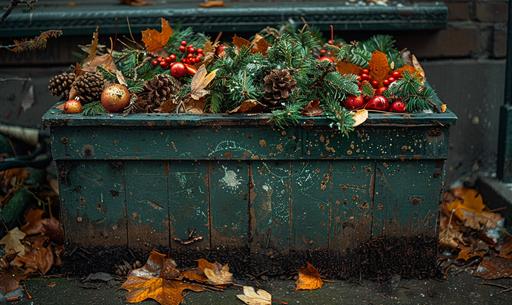Compost Bin: An image of a compost bin filled with chopped-up Christmas tree branches, along with other organic materials. --ar 5:3 --s 750 --v 6.0