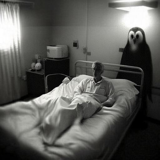 Compressed, blurry, webcam image of a creepy man wearing a white jumpsuit and a dark owl mas covering face standing next to a sick person in a hospital bed, grainy black and white, white flurecent lights, white empty hospital room, creepy --niji