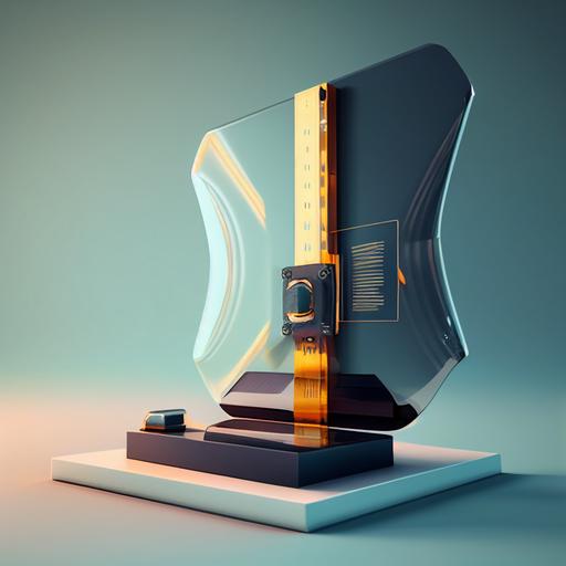 Concept art, application posture, abstract, a picture of a scale with softwrae product on one end and a security shield on the other, widescreen