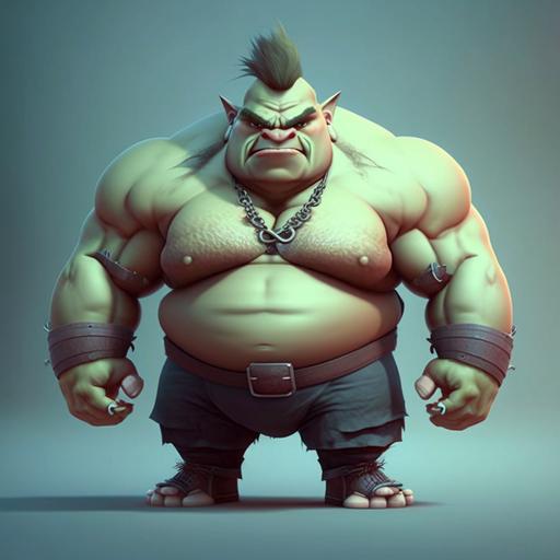 Concept art big fat troll character. full height . looking a little sinister. the figure is fat a bit like shrek on steroids. angry dad mood. dressed in a T-shirt and jeans. modern look::