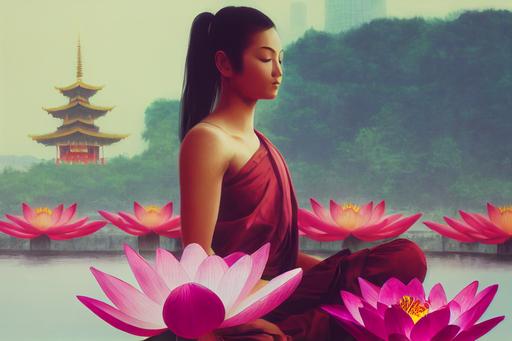 Concept art of a beautiful female yogi sitting crosslegged on a pink lotus flower, buddhist temple in background, --testp --ar 16:9