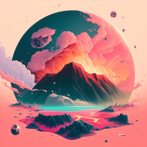 Concept art of a planet with a big beach, small waves, and a volcano erupting with fluffy pink clouds on top. The image should have a van traveling on the left side of the planet. The image should be 32k quality and have a chill, relaxed vibe with a cool color palette. The image should depict the beach, volcano, and clouds in a detailed and realistic manner, with a sense of depth and movement. The van should be well-drawn and incorporate a feeling of adventure and exploration.