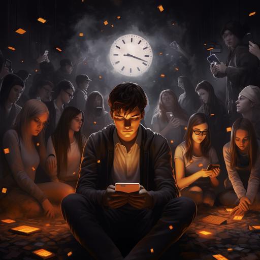 Concept art warns teenagers of screen addiction. teenagers not looking at each other, on computers and phones. Dark circles under eyes. Falling and breaking clocks, dark room.