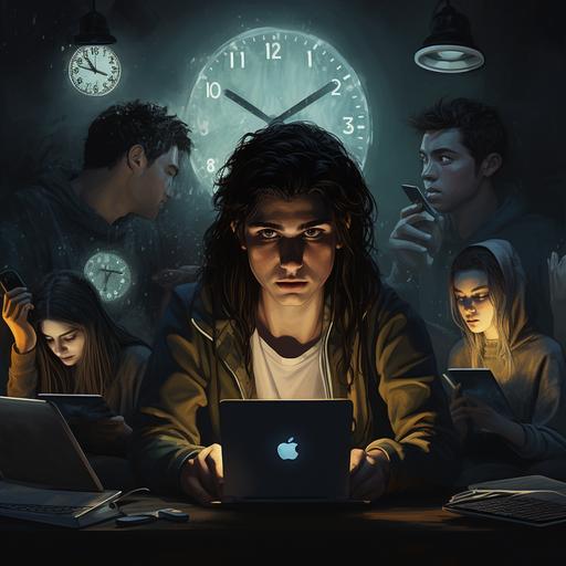 Concept art warns teenagers of screen addiction. teenagers not looking at each other, on computers and phones. Dark circles under eyes. Falling and breaking clocks, dark room.