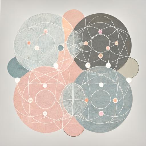 Connected Circles: Create a network of interconnected circles using thin lines or geometric shapes,in grey and blush colour pastel