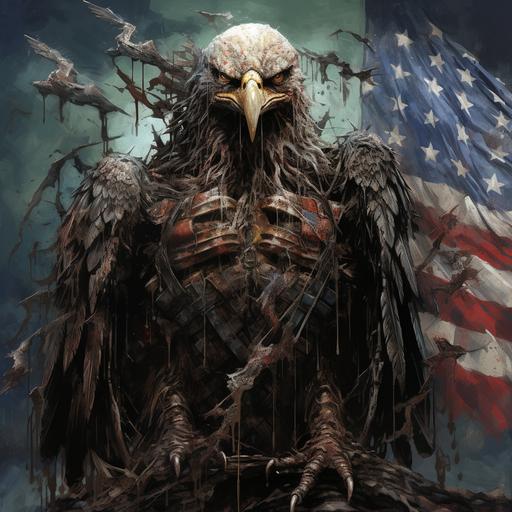 Constitution of the United States of America, American flag, dark fantasy, intricate details, hyper detailed, gothic, low detail, vivid color, HD photo, ultra 4K Extra limbs, missing limbs, body parts attached eagle, gothic, intricate details, hyper detailed, Jean Baptiste Monge, Carne Griffiths, Michael Garmash, Seb Mckinnon long ears, extra ears, Closed eyes, averted eyes, plastic, Deformed, blurry, bad anatomy, bad eyes, crossed eyes, disfigured, poorly drawn face, mutation, mutated, extra limb, ugly, poorly drawn hands, missing limb, blurry, floating limbs, disconnected limbs, malformed hands, out of focus, long neck, long body, ((((mutated hands and fingers)))), (((out of frame))), (((signature))), (((signatures))) blender, doll, cropped, low-res, close-up, poorly-drawn face, out of frame double, two heads, disfigured, too many fingers, deformed, repetitive, black and white, grainy, extra limbs, bad anatomy,