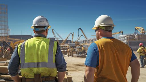 Construction workers, yellow hard hat, hands on hips, sunny day, at site hyper realistic award-winning photo, hyper-realistic, editorial, 16k --ar 16:9