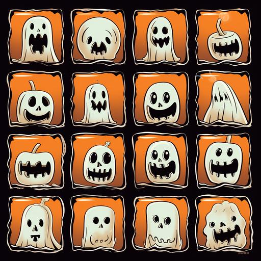 Contact sheet, Spooky Ghost, Pop sticker, 2D, Low detail, thick line art --v 5.2 --s 50