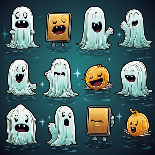 Contact sheet, Spooky Ghost, Pop sticker, 2D, Low detail, thick line art --v 5.2 --s 750