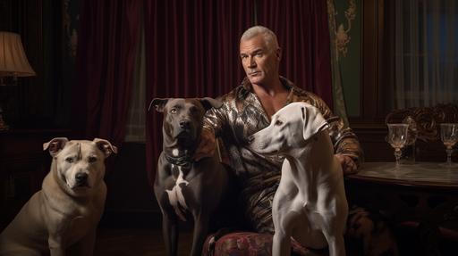 Content: A gay man in his mid-60s, looking fit, happy, and wise. He is in an opera-themed living room, standing next to his younger partner and their Amrican bully dog. Medium: Photography Style: Influenced by the dramatic lighting of Caravaggio and the modern sensibilities of David LaChapelle. Lighting: Dramatic chiaroscuro, with a spotlight illuminating the man's face and physique. Colors: Rich, deep tones with a focus on golds, reds, and blacks. Composition: Captured with a Nikon D6, using a NIKKOR Z 50mm f/1.8 S lens. Resolution 20.8 megapixels, ISO sensitivity: 102,400, Shutter speed: 1/8000 second. --ar 16:9 --v 5.1 --style raw --s 750