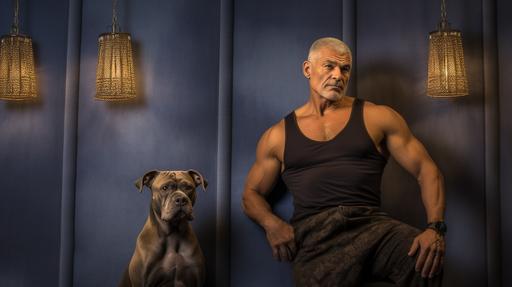 Content: A gay man in his mid-60s, looking fit, happy, and wise. He is in an opera-themed living room, standing next to his younger partner and their Amrican bully dog. Medium: Photography Style: Influenced by the dramatic lighting of Caravaggio and the modern sensibilities of David LaChapelle. Lighting: Dramatic chiaroscuro, with a spotlight illuminating the man's face and physique. Colors: Rich, deep tones with a focus on golds, reds, and blacks. Composition: Captured with a Nikon D6, using a NIKKOR Z 50mm f/1.8 S lens. Resolution 20.8 megapixels, ISO sensitivity: 102,400, Shutter speed: 1/8000 second. --ar 16:9 --v 5.1 --style raw --s 750