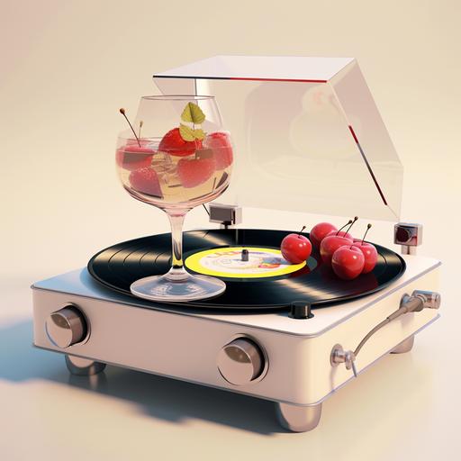 Cool and classy vinyl player and on the side of it a sangria glass with fruits inside them on a cool desk. White or cream background, too realistic --v 5.1