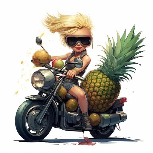 Cool blond girl with ponytail rides a motorcycle and drinks from a pineapple cartoon happycore
