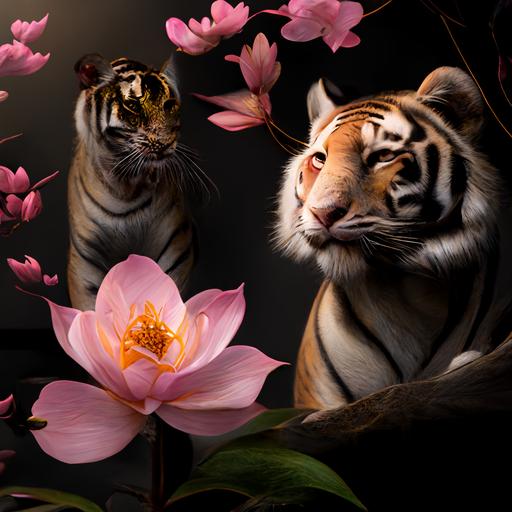 Cool picture of peach blossom and lotus with tiger 4K as desktop background