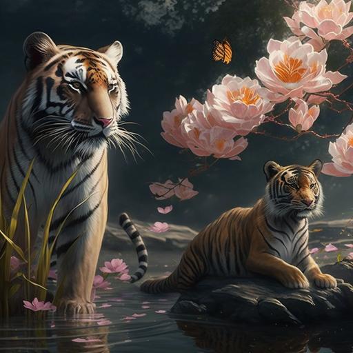 Cool picture of peach blossom and lotus with tiger 4K as desktop background 1920x1080