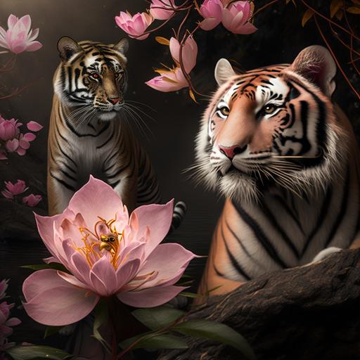 Cool picture of peach blossom and lotus with tiger 4K as desktop background