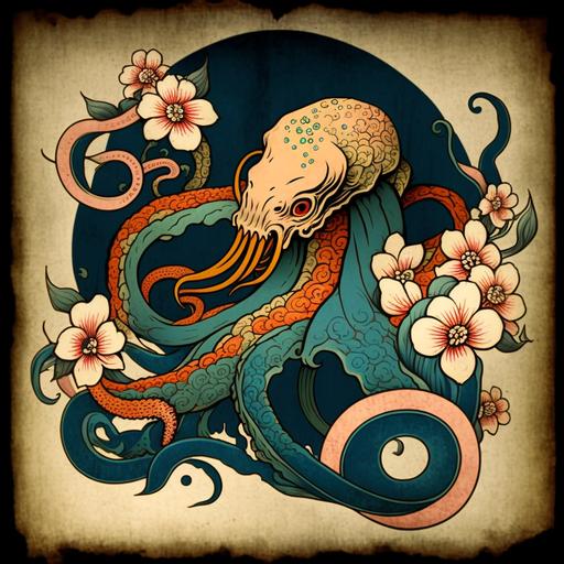 Japanese traditional octopus tattoo flash designs, colourful