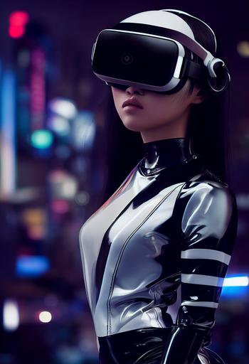 a beautiful japanese girl riding a futuristic motor bike wearing a shiny black and white striped pvc body suit and a VR headset, distopian, cyberpunk, photo realism, highly detailed, 35mm lens, cinematic, neo tokyo, --ar 2:3 --upbeta --test --creative --upbeta