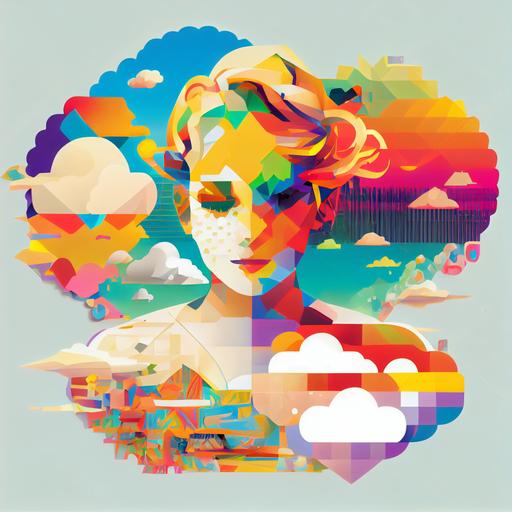 diagram abstract geometric forms in the shape of a beautiful woman, iridescent digital landscape with lenticular clouds, glitch rainbows, multicoloured hearts, sunset in a background of holographic paper with a diagram, pixel art landscape rainbow and pixel clouds planets , octane render, screens, view, collage, double exposure, wireframe, literature, vector art, magazine, nintendo 64, tomokazu matsuyama, petra cortright, pop art, fashion, experimental architecture, fern, flowers, metalic reflections, water reflections, vaporwave, glitch art, pixel sorting, rgb effect, glitched, digitally corrupted, pixel art, photomosh, datamoshing, chromatic abrasion, glitched, clean, sharp image, distortion, white noise, dither, 8 bit --upbeta --v 4