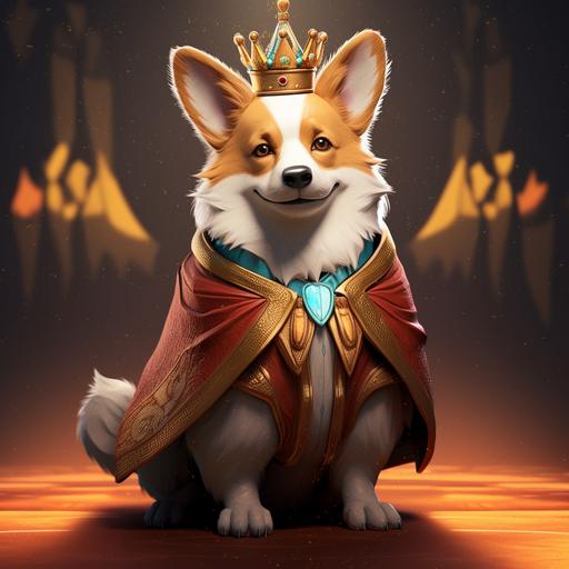 Corgi creature character, brush strokes, robe and king crown outfit, casino, full body, Disney, 8k