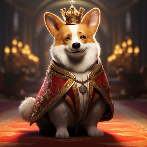 Corgi creature character, robe and king crown outfit, casino, full body, Disney, 8k