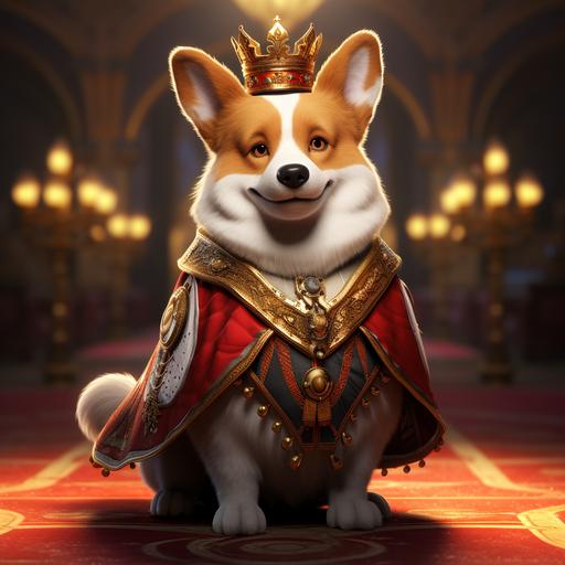 Corgi creature character, robe and king crown outfit, casino, full body, Disney, 8k