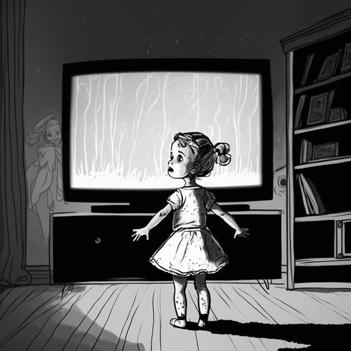 a sketch little kid , black and white coloring, wathcing tv show about ballet, a living room background