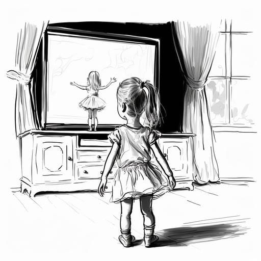 a sketch little kid , black and white coloring, wathcing tv show about ballet, a living room background