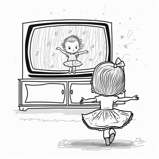 an sketch little kid , white background, black line vector illustrator art page, black and white coloring, wathcing tv show about ballet, a living room background