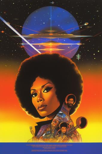Cosmic Disco, movie poster, album cover, super funky soundtrack by Curtis Mayfield, in the style of afrofuturism and blaxploitation cinema, sci-fi fantasy, black power, starring Pam Grier and Billy Dee Williams, circa 1976 --chaos 15 --q 2 --v 5.1 --s 250 --no text letters words --ar 2:3 --q 2 --v 5.1 --s 250