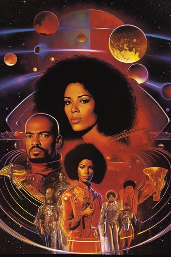 Cosmic Disco, movie poster, album cover, super funky soundtrack by Curtis Mayfield, in the style of afrofuturism and blaxploitation cinema, sci-fi fantasy, black power, starring Pam Grier and Billy Dee Williams, circa 1976, by Wangechi Mutu and Mati Abdul Klarwein --chaos 15 --q 2 --v 5.1 --s 250 --no text letters words --ar 2:3 --q 2 --v 5.1 --s 250