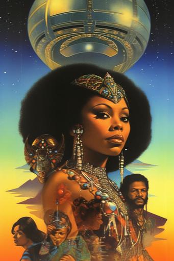 Cosmic Disco, movie poster, album cover, super funky soundtrack by Curtis Mayfield, in the style of afrofuturism and blaxploitation cinema, sci-fi fantasy, black power, starring Pam Grier and Billy Dee Williams, circa 1976, by Wangechi Mutu and Mati Abdul Klarwein --chaos 15 --q 2 --v 5.1 --s 250 --no text letters words --ar 2:3 --q 2 --v 5.1 --s 250