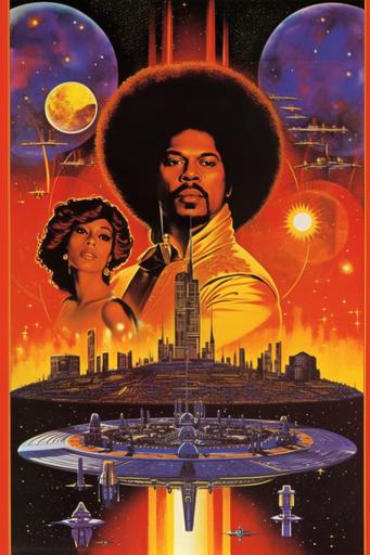 Cosmic Disco, movie poster, album cover, super funky soundtrack by Curtis Mayfield, in the style of afrofuturism and blaxploitation cinema, sci-fi fantasy, black power, starring Barry White and Pam Grier and Scatman Crothers, circa 1976 --chaos 15 --q 2 --v 5.1 --s 250 --no text letters words --ar 2:3 --q 2 --v 5.1 --s 250