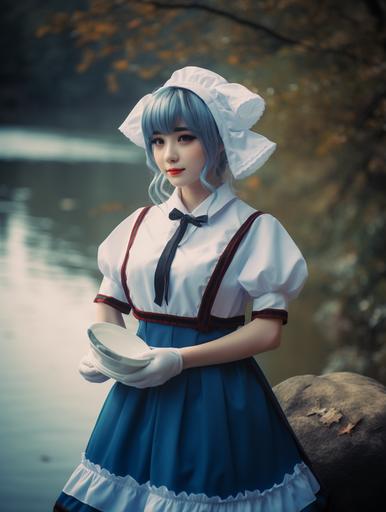 Cosplay maid outfit, [re: Life in a different world starting from 0], Rem, Wick, original maid outfit, little devil hidden in a girl's heart, costume, headband, hair ornament, portrait, shot with a 70mm lens, , 1 trillion realistic images, high-definition images, 8K images, beautiful women camping by the river, beautiful eyes, light purple hair, perfect anatomy, very cute, princess eyes, beautiful face, full body, cover, 4k resolution , --ar 3:4 --v 5