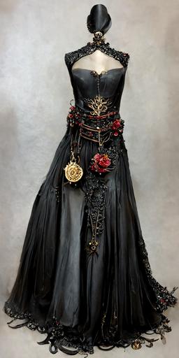 Costume Design, Western Fantasy, Black strapless dress, Gothic style, Black peony elements, Platinum chain, Gold belt, ruby pendant, Western Fantasy, --ar 9:17
