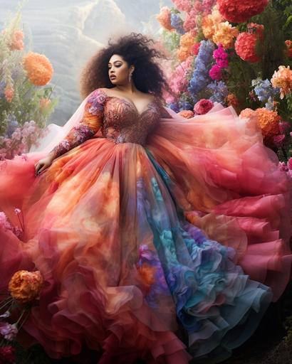 Cotopaxi splashed colorful watercolor borders at the edges of the photo, Allegorical photo of unique Vietnamese plus size model wearing haute couture, dynamic pose in a conversation with the natural surroundings, gossamer thistledown wildflowers inspired garden background ornate extravagance lavish shapes rich colors --ar 8:10
