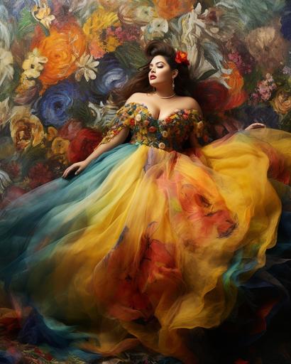 Cotopaxi splashed colorful watercolor borders at the edges of the photo, Allegorical photo of unique Vietnamese plus size model wearing haute couture, dynamic pose in a conversation with the natural surroundings, gossamer thistledown wildflowers inspired garden background ornate extravagance lavish shapes rich colors --ar 8:10