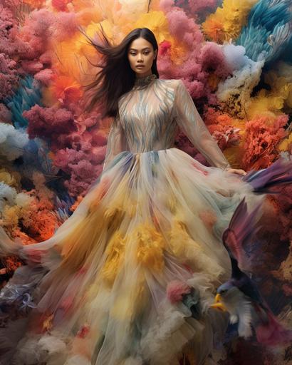 Cotopaxi splashed colorful watercolor borders at the edges of the photo, Allegorical photo of unique Vietnamese model wearing haute couture, dynamic pose in a conversation with the natural surroundings, gossamer thistledown wildflowers inspired garden background ornate extravagance lavish shapes rich colors --ar 8:10