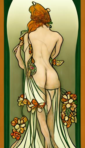 rear view ginger woman showering, floral decoration, art deco, alphonse mucha, silk slip, art nouveau --aspect 9:16 --uplight