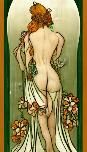 rear view ginger woman showering, floral decoration, art deco, alphonse mucha, silk slip, art nouveau --aspect 9:16