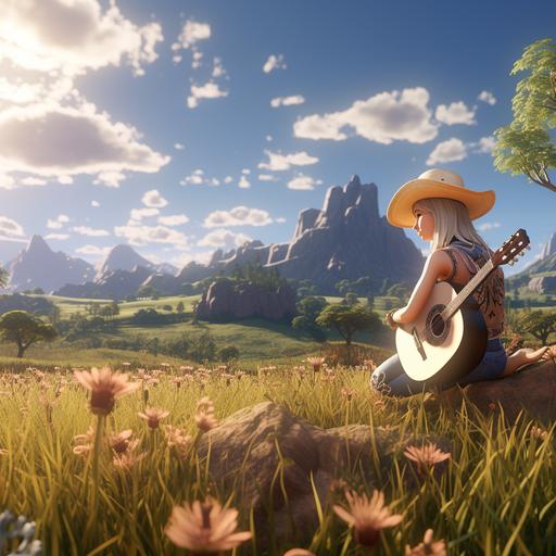 Country girl in the distance, sitting on a log, singing with guitar, cartoon, country music, fields, sunny, unreal engine 5, she’s wearing a country hat covering her face