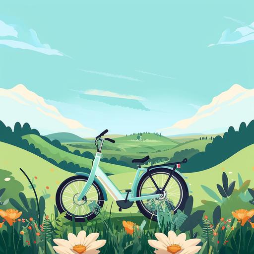 Countryside illustration of an electric bicycle parked amidst rolling green hills under a clear blue sky. Embrace the eco-friendly and open-air theme with a serene, natural setting filled with wildflowers and scattered trees, in a vibrant palette of greens, blues, and warm earth tones, captured in a cheerful and inviting wide landscape shot --v 6.0 --style raw