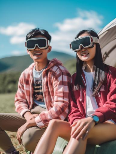 Couple of young Asian people wearing VR glasses in camping, camping scene, blue sky and white clouds,shot on fujifilm XT4 --ar 3:4